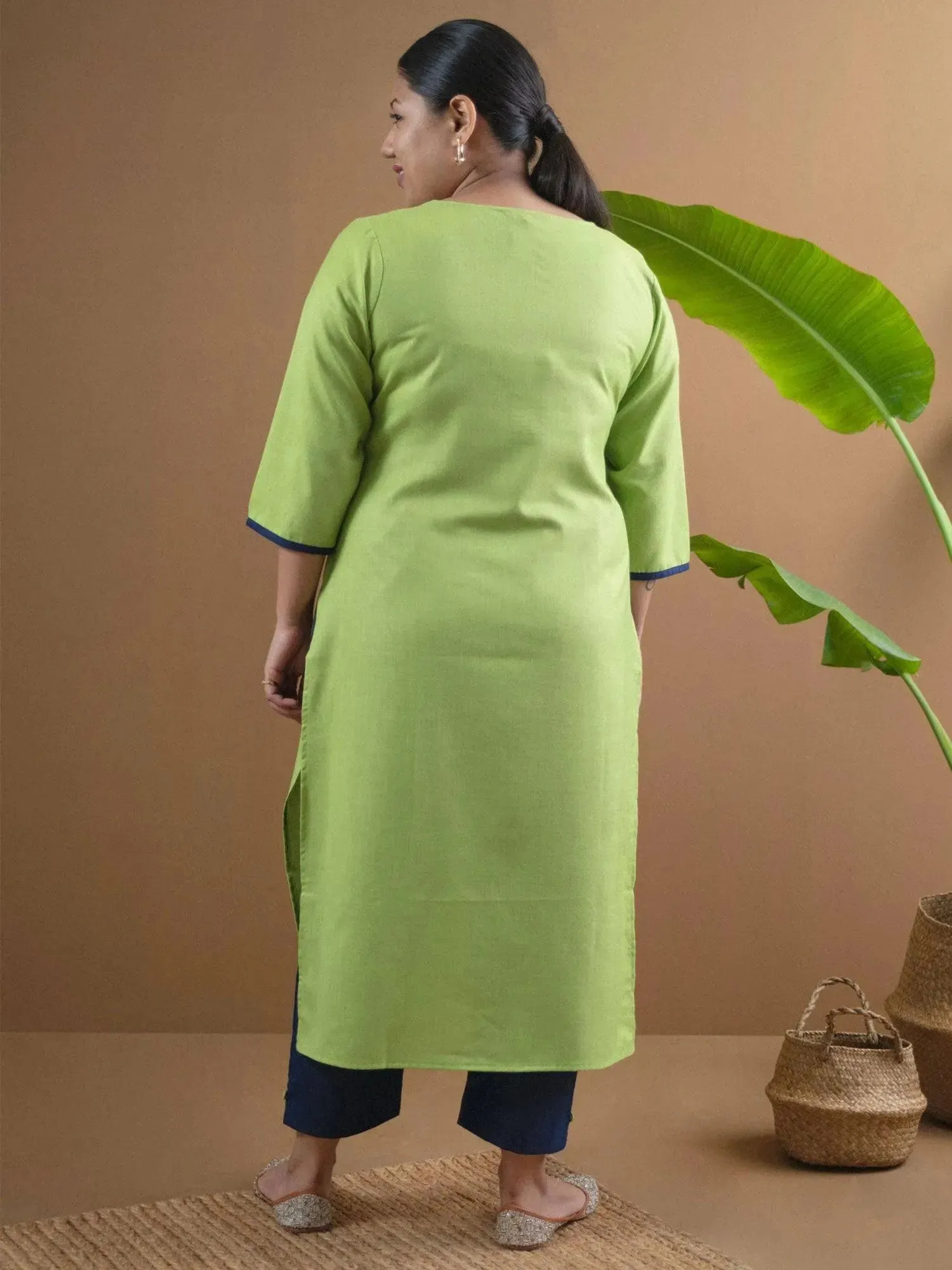 Plus Size Green Embroidered Cotton Straight Kurta With Trousers