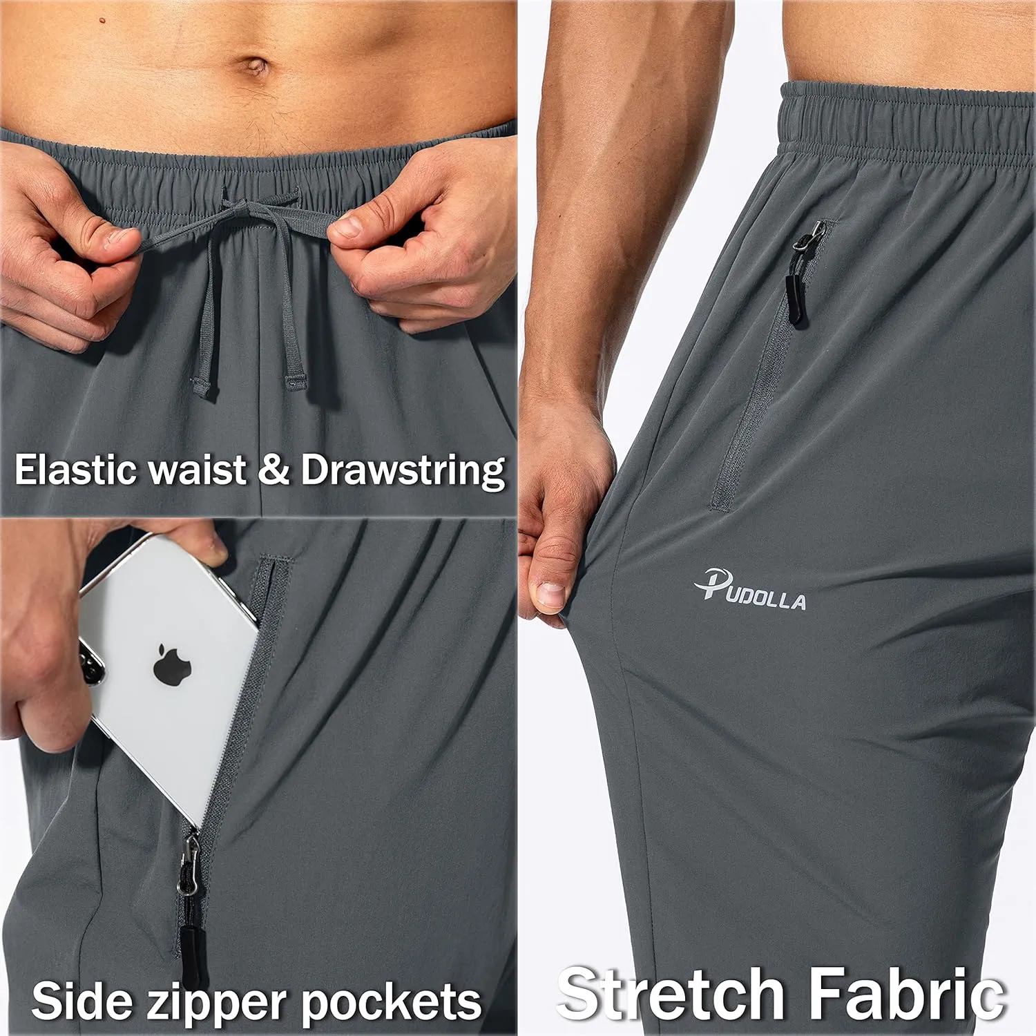 Pudolla Men's Workout Athletic Pants Elastic Waist Jogging Running Pants for Men with Zipper Pockets