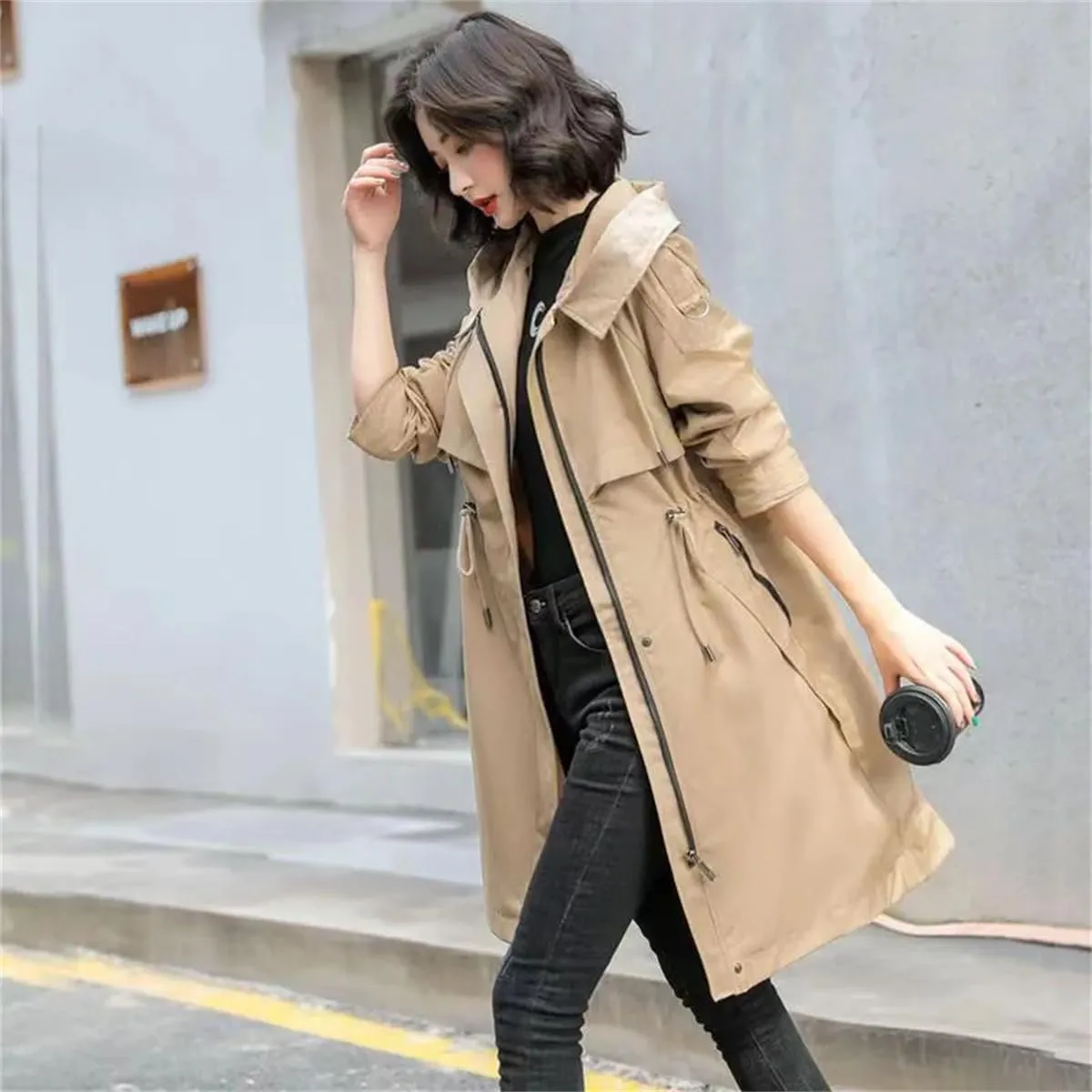 Pulcykp Women Solid Zipper Long Trench Coat Casual Hooded Drawstring Windbreaker Overcoat