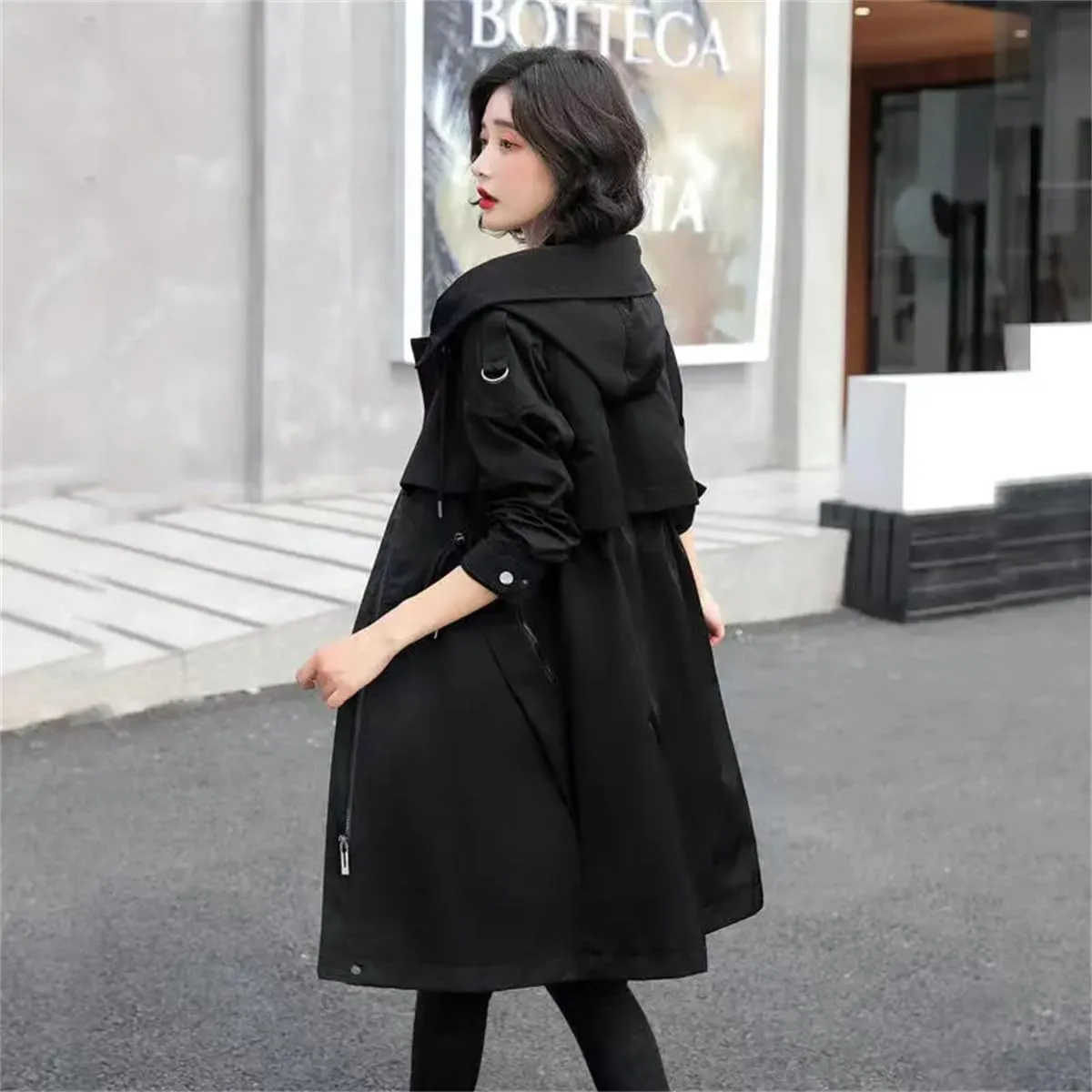 Pulcykp Women Solid Zipper Long Trench Coat Casual Hooded Drawstring Windbreaker Overcoat