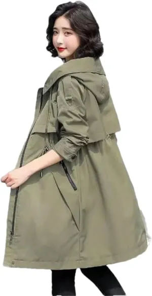 Pulcykp Women Solid Zipper Long Trench Coat Casual Hooded Drawstring Windbreaker Overcoat