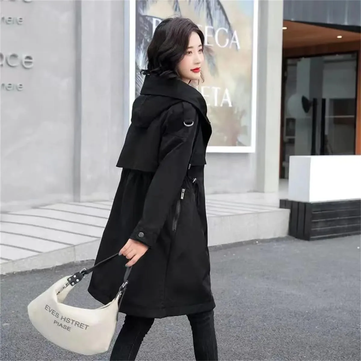 Pulcykp Women Solid Zipper Long Trench Coat Casual Hooded Drawstring Windbreaker Overcoat
