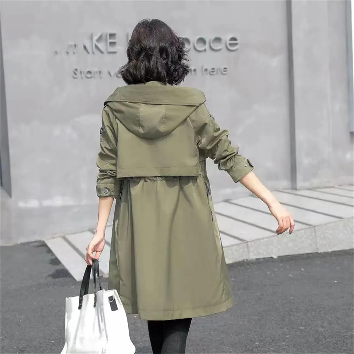 Pulcykp Women Solid Zipper Long Trench Coat Casual Hooded Drawstring Windbreaker Overcoat
