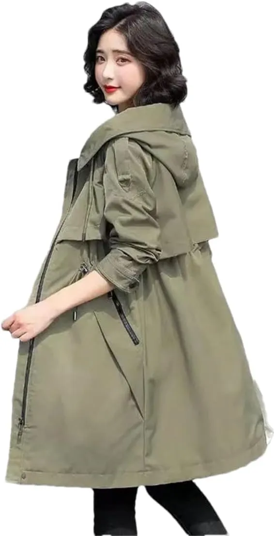 Pulcykp Women Solid Zipper Long Trench Coat Casual Hooded Drawstring Windbreaker Overcoat