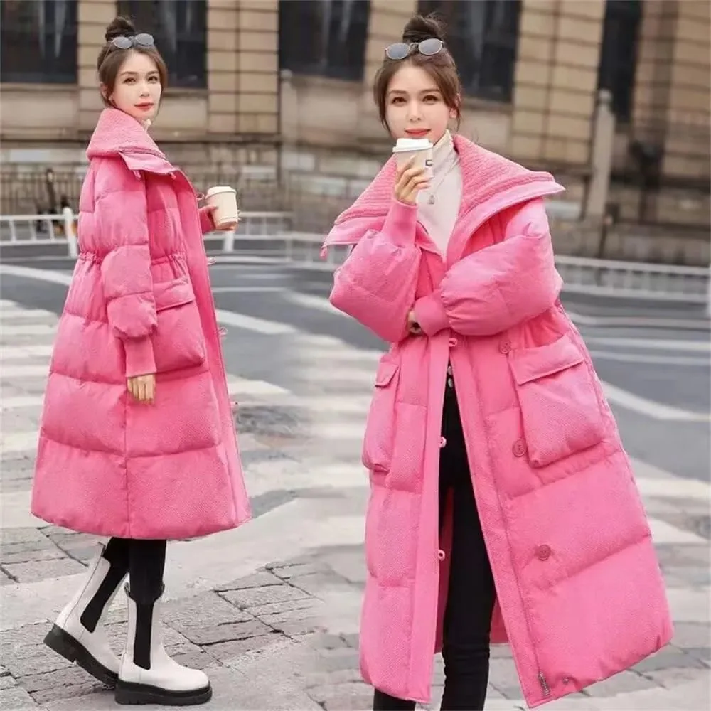 Pulcykp Women Winter Long Down Parkas Cotton Padded Jacket Hooded Thick Warm Snow Coat Outerwear