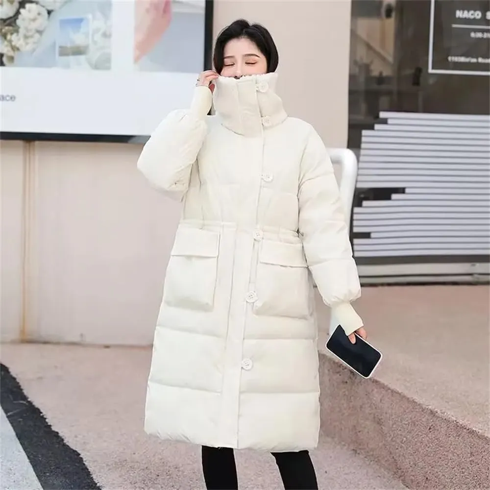 Pulcykp Women Winter Long Down Parkas Cotton Padded Jacket Hooded Thick Warm Snow Coat Outerwear