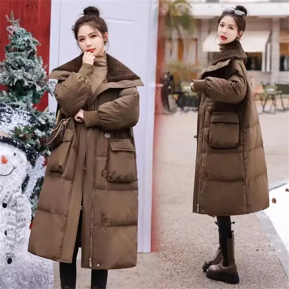 Pulcykp Women Winter Long Down Parkas Cotton Padded Jacket Hooded Thick Warm Snow Coat Outerwear