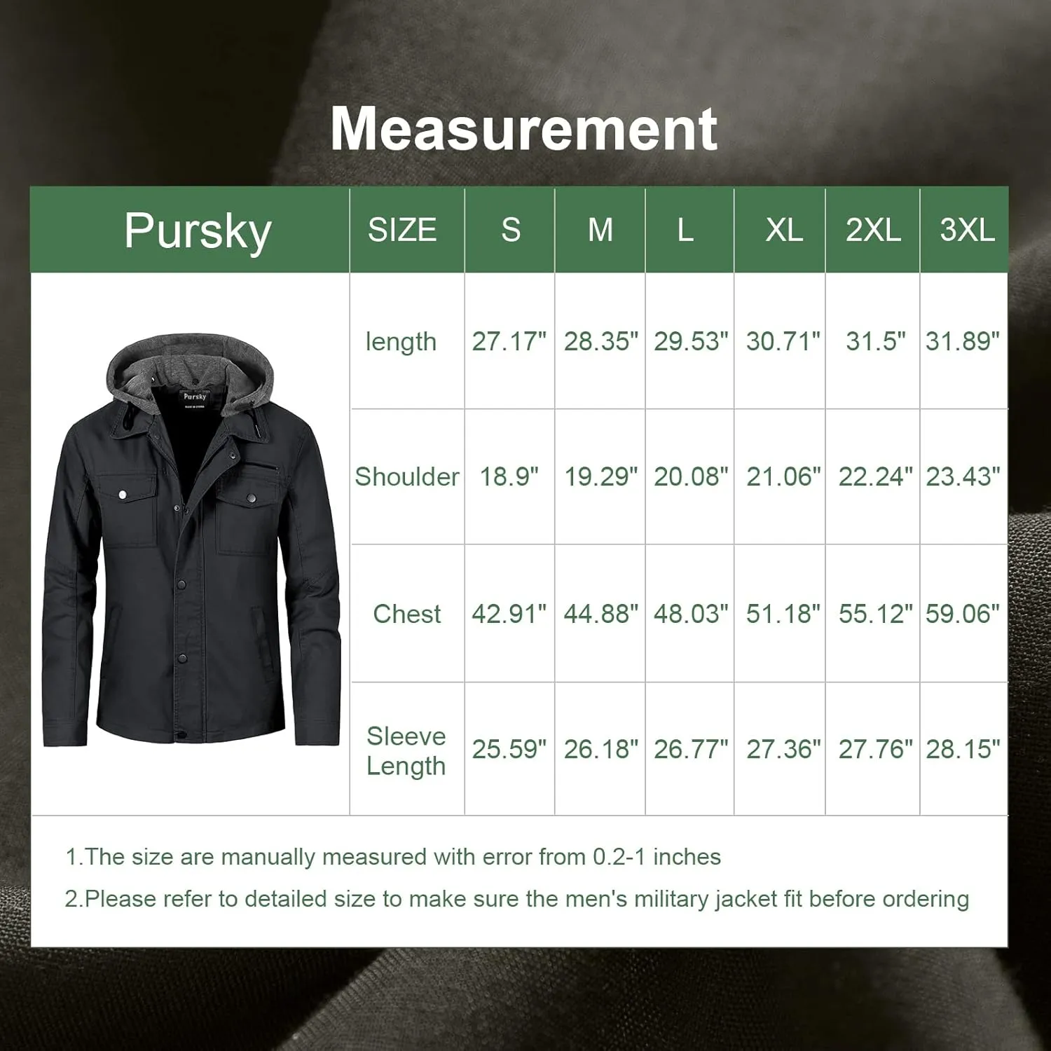 Pursky Men's Canvas Cotton Military Casual Field Jacket Outerwear With Removable Hood