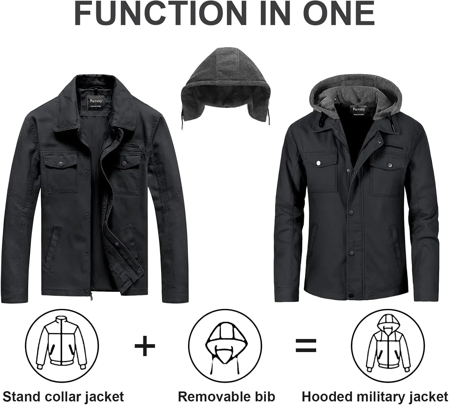Pursky Men's Canvas Cotton Military Casual Field Jacket Outerwear With Removable Hood