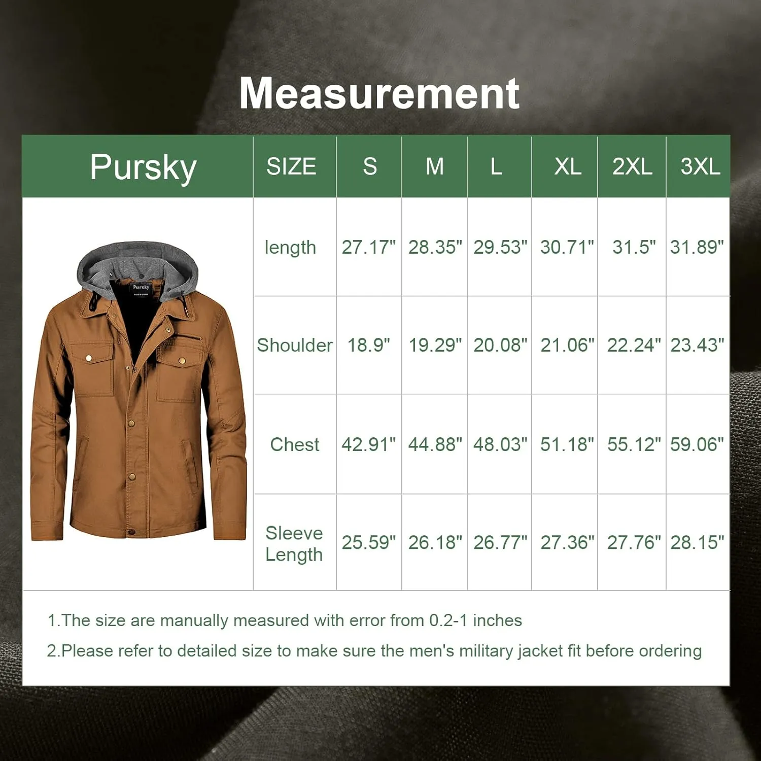 Pursky Men's Canvas Cotton Military Casual Field Jacket Outerwear With Removable Hood