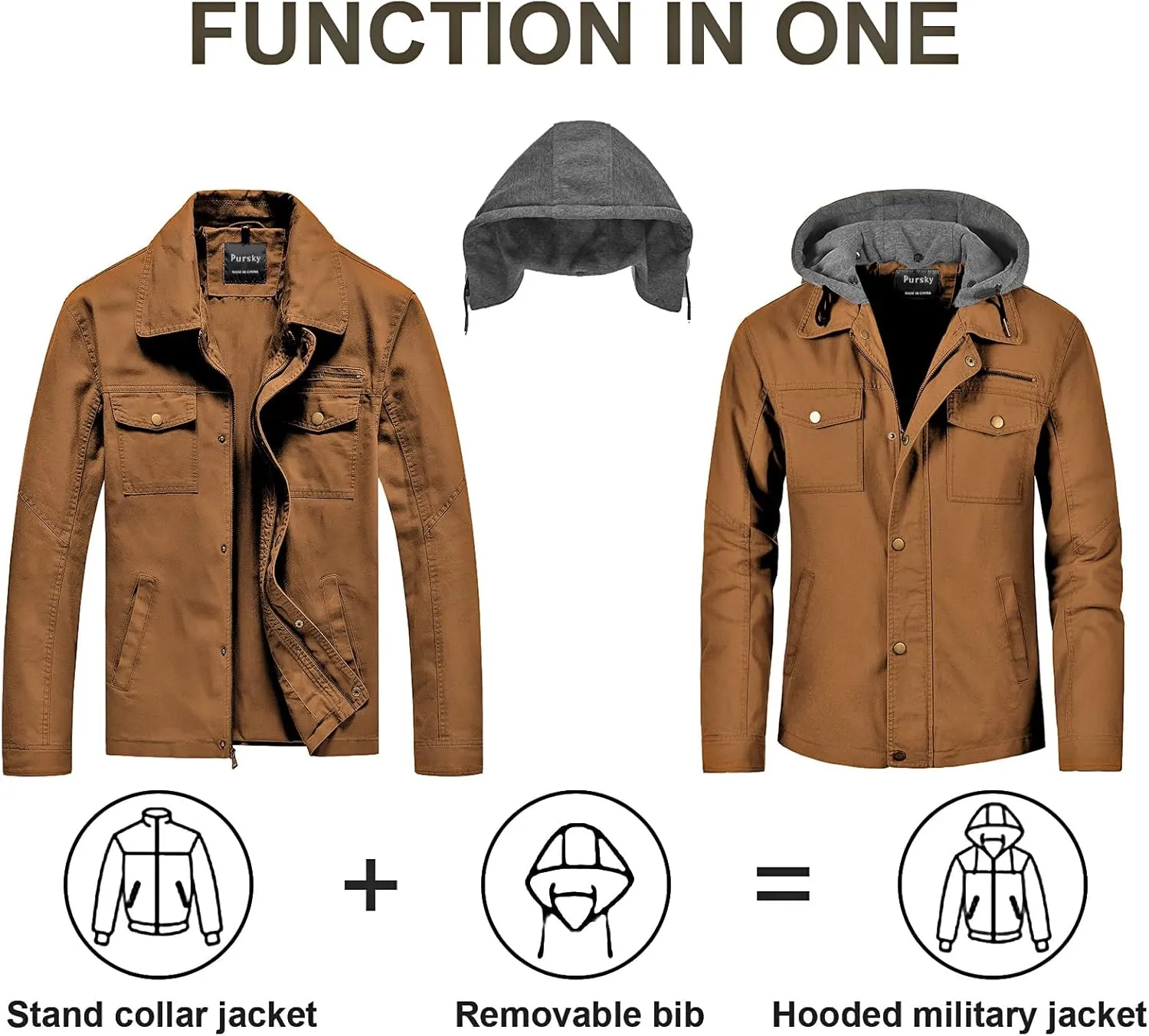 Pursky Men's Canvas Cotton Military Casual Field Jacket Outerwear With Removable Hood