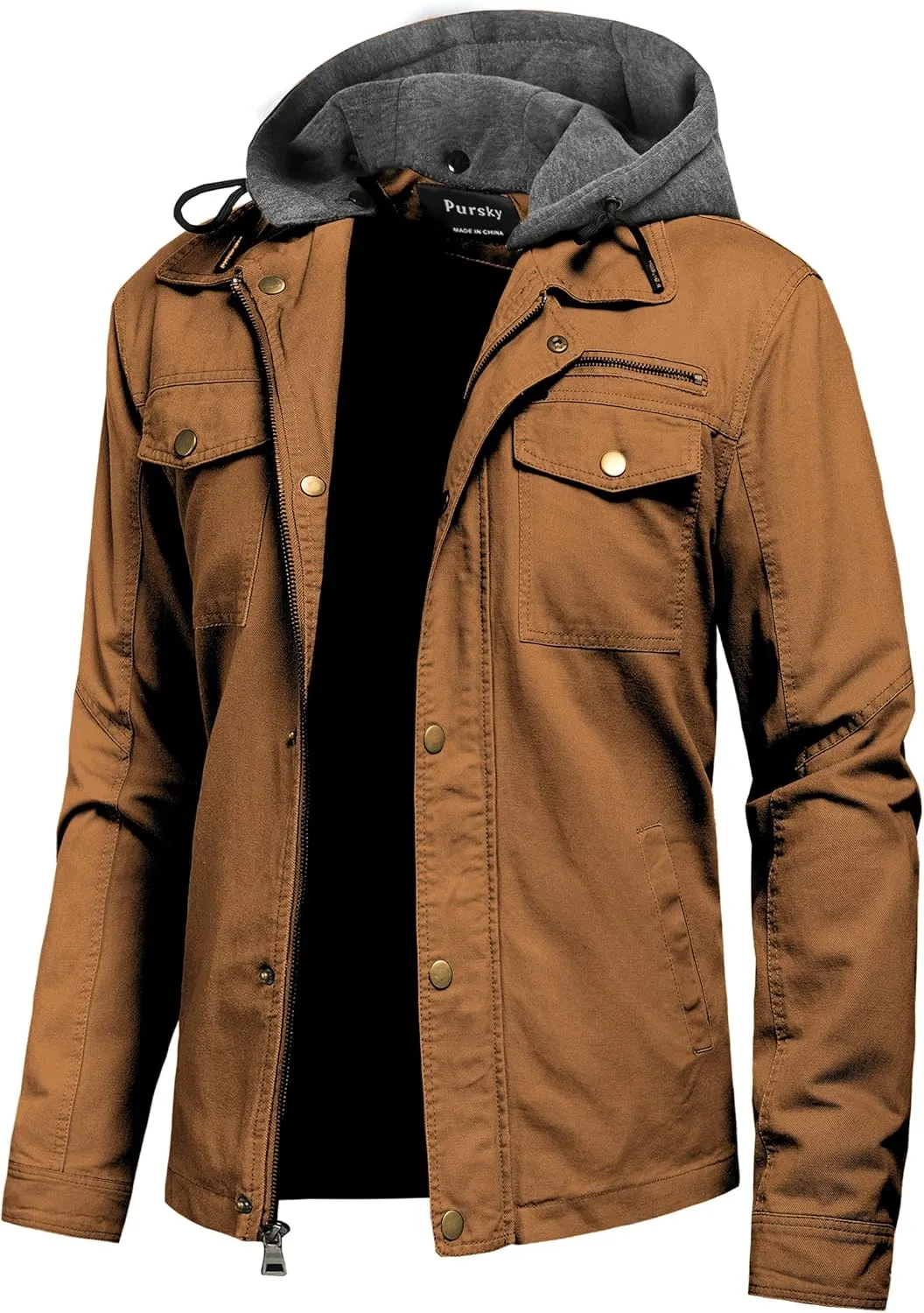 Pursky Men's Canvas Cotton Military Casual Field Jacket Outerwear With Removable Hood