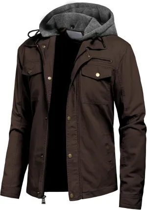 Pursky Men's Canvas Cotton Military Casual Field Jacket Outerwear With Removable Hood