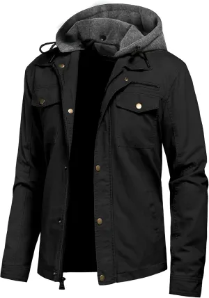 Pursky Men's Canvas Cotton Military Casual Field Jacket Outerwear With Removable Hood