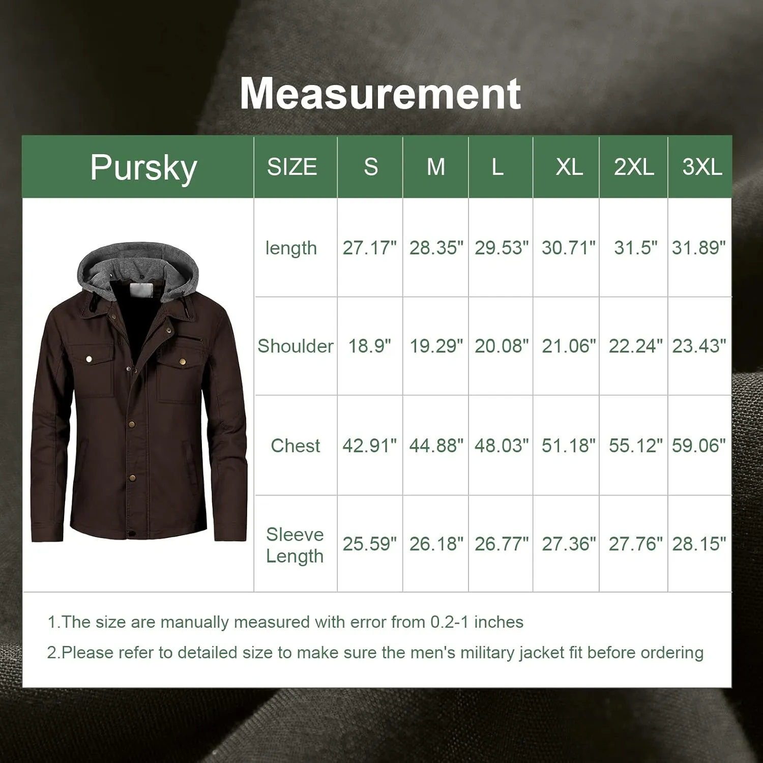 Pursky Men's Canvas Cotton Military Casual Field Jacket Outerwear With Removable Hood
