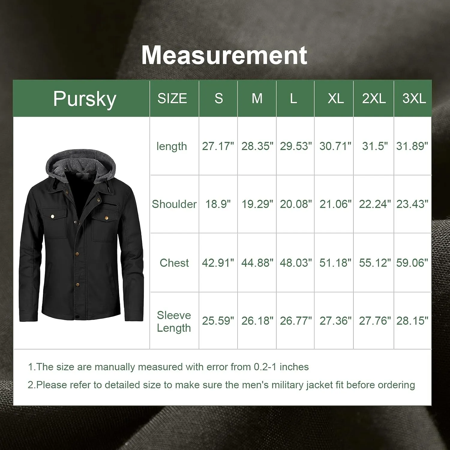 Pursky Men's Canvas Cotton Military Casual Field Jacket Outerwear With Removable Hood