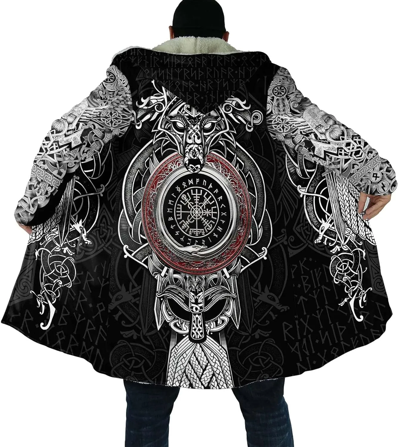 Ragnarok Fenrir Wolf Men's winter thickened warm lambswool hooded parka Viking Mythology Casual Parker Jacket outerwear (Color : Fenrir Wolf A13, Size : X-Large)