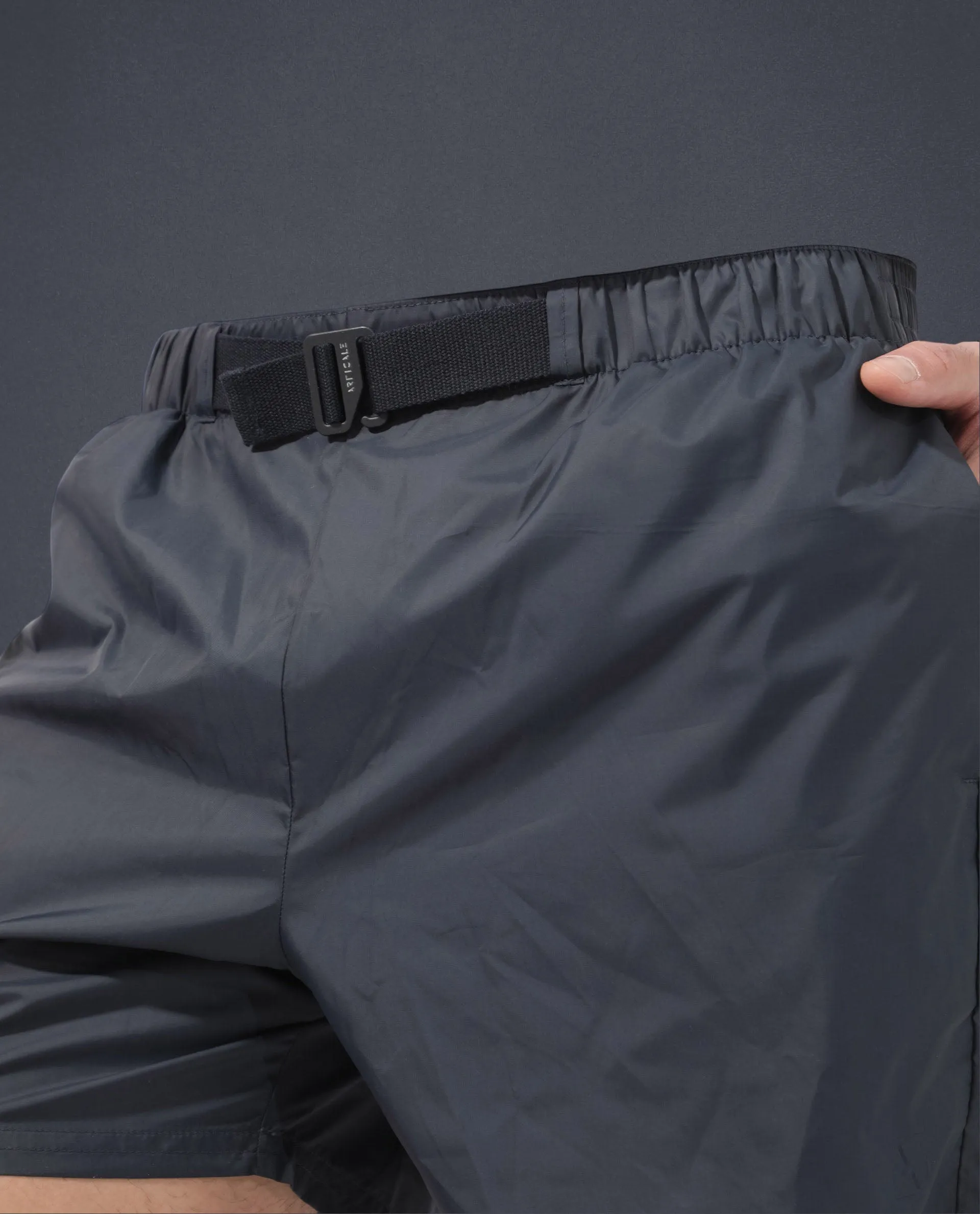 Rare Rabbit Men's Kort Navy Polyester Fabric Buckle Fastening Regular Fit Solid Shorts