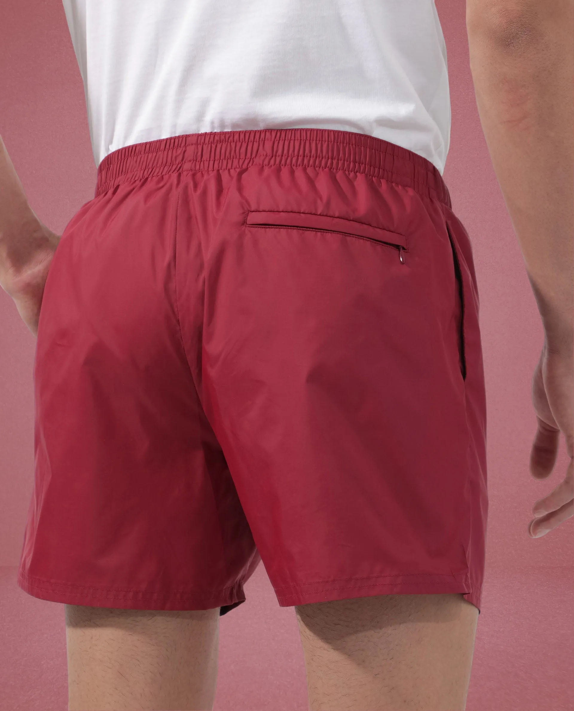 Rare Rabbit Men's Kort Red Polyester Fabric Buckle Fastening Regular Fit Solid Shorts