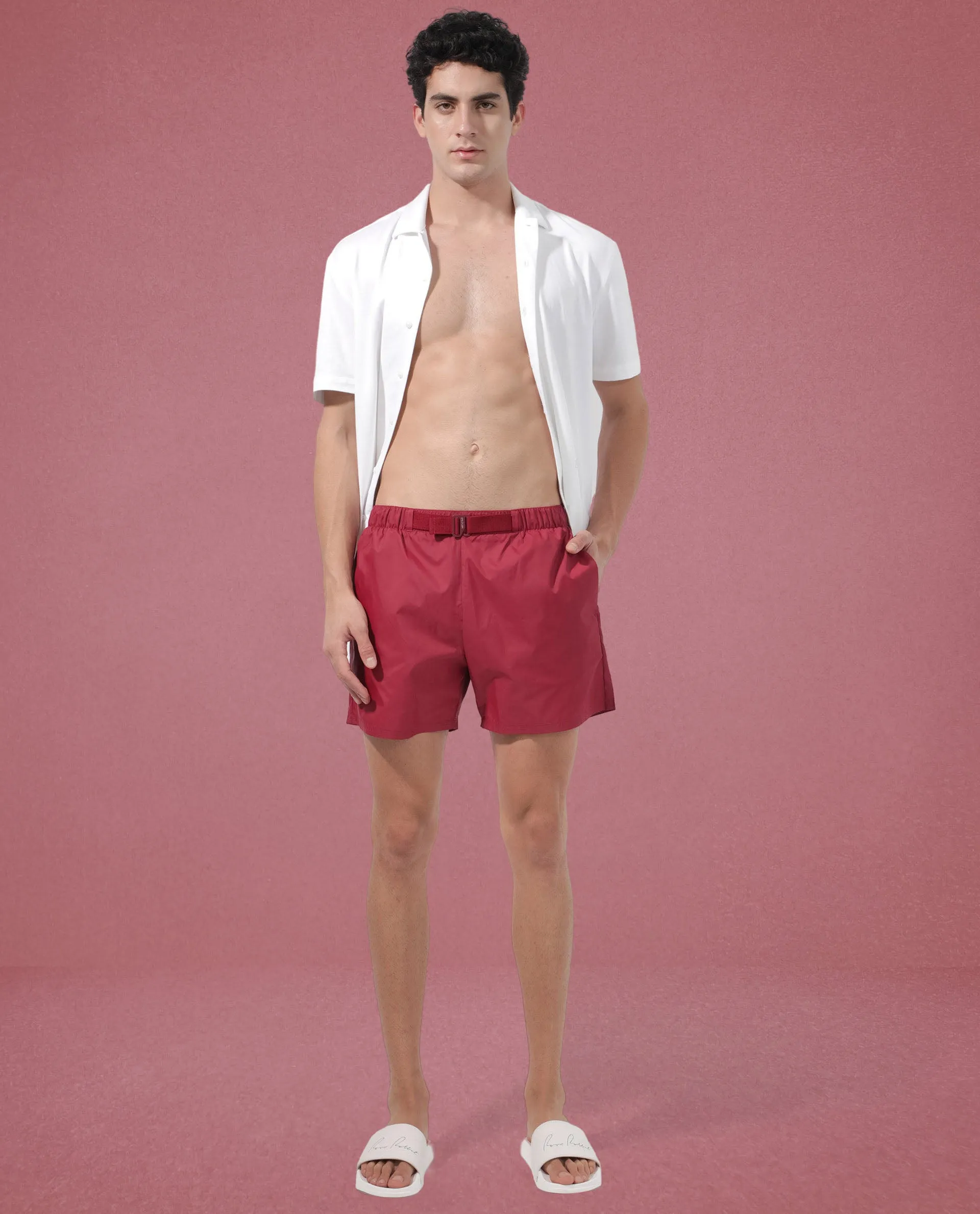 Rare Rabbit Men's Kort Red Polyester Fabric Buckle Fastening Regular Fit Solid Shorts