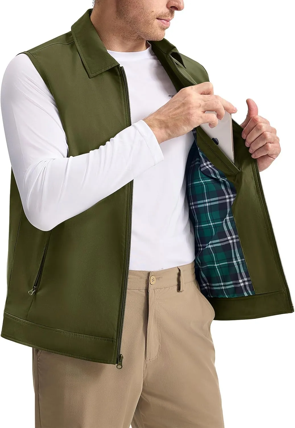Rdruko Men's Golf Vest Lightweight Outerwear Windproof Water Resistant Grid Lining Vest with Zipper Pockets for Casual