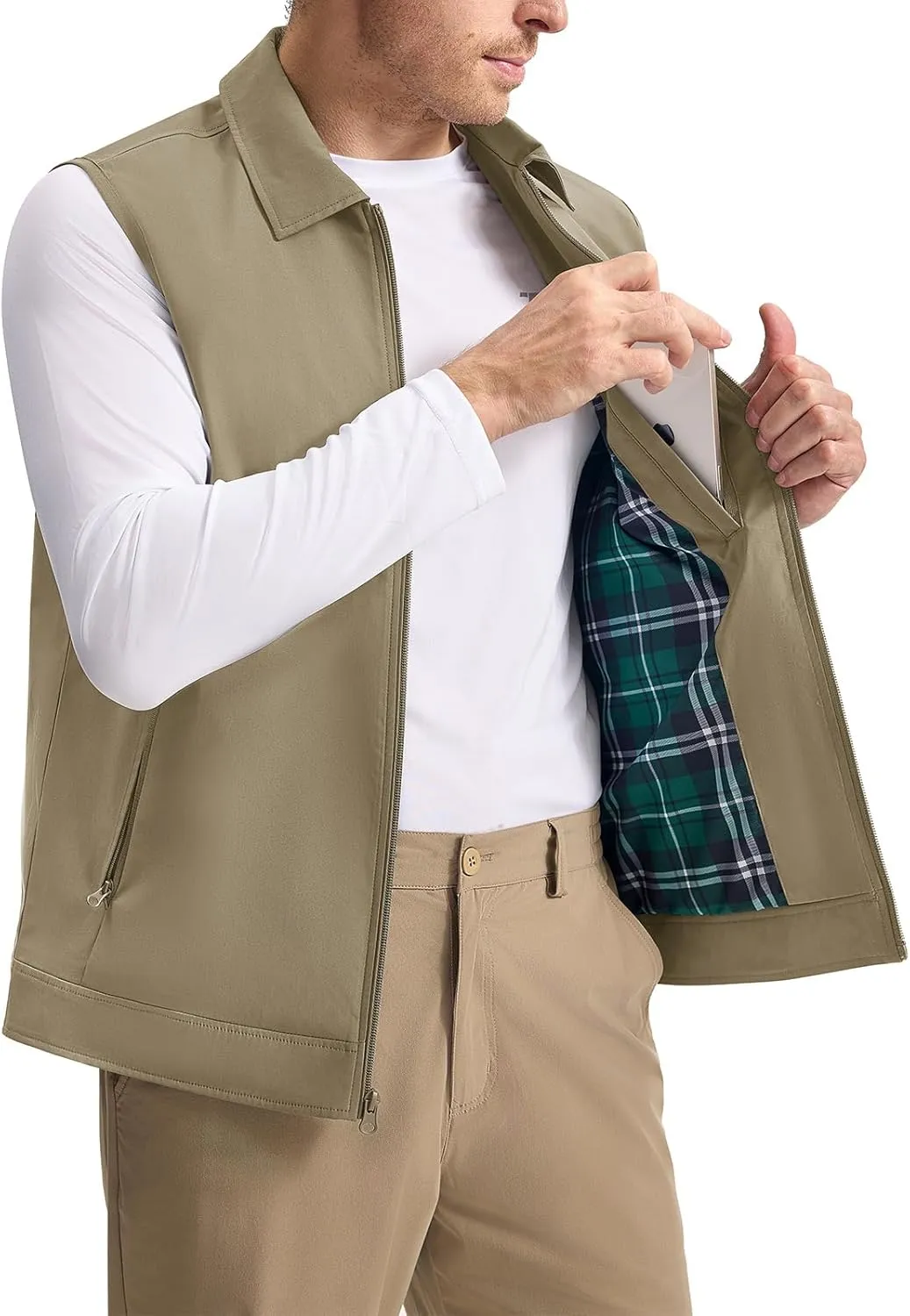 Rdruko Men's Golf Vest Lightweight Outerwear Windproof Water Resistant Grid Lining Vest with Zipper Pockets for Casual