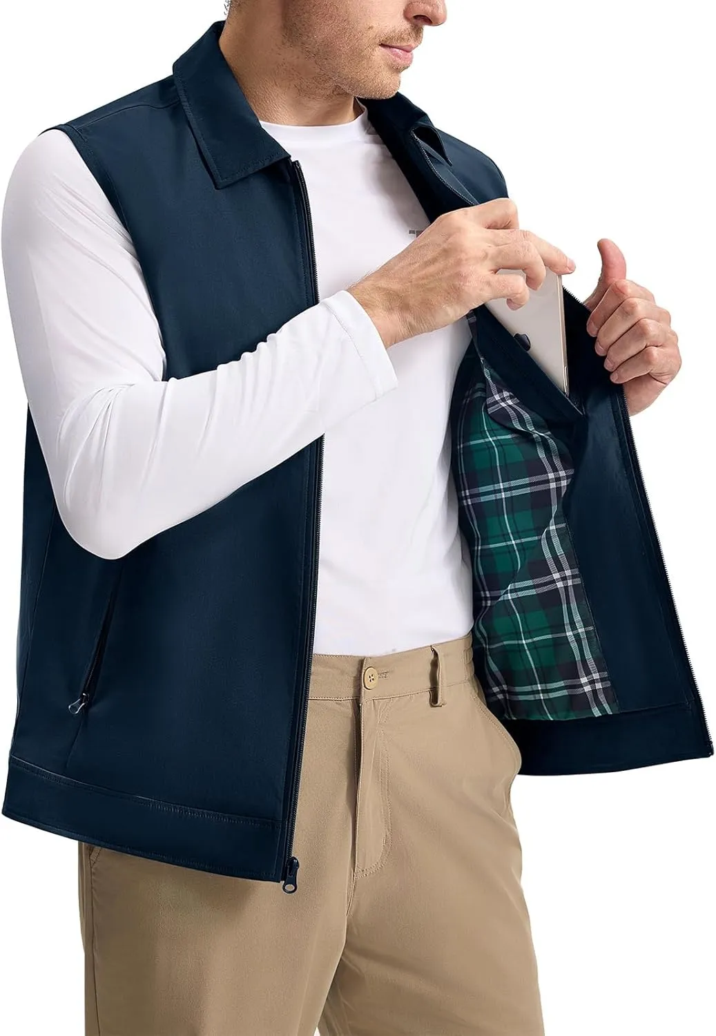 Rdruko Men's Golf Vest Lightweight Outerwear Windproof Water Resistant Grid Lining Vest with Zipper Pockets for Casual