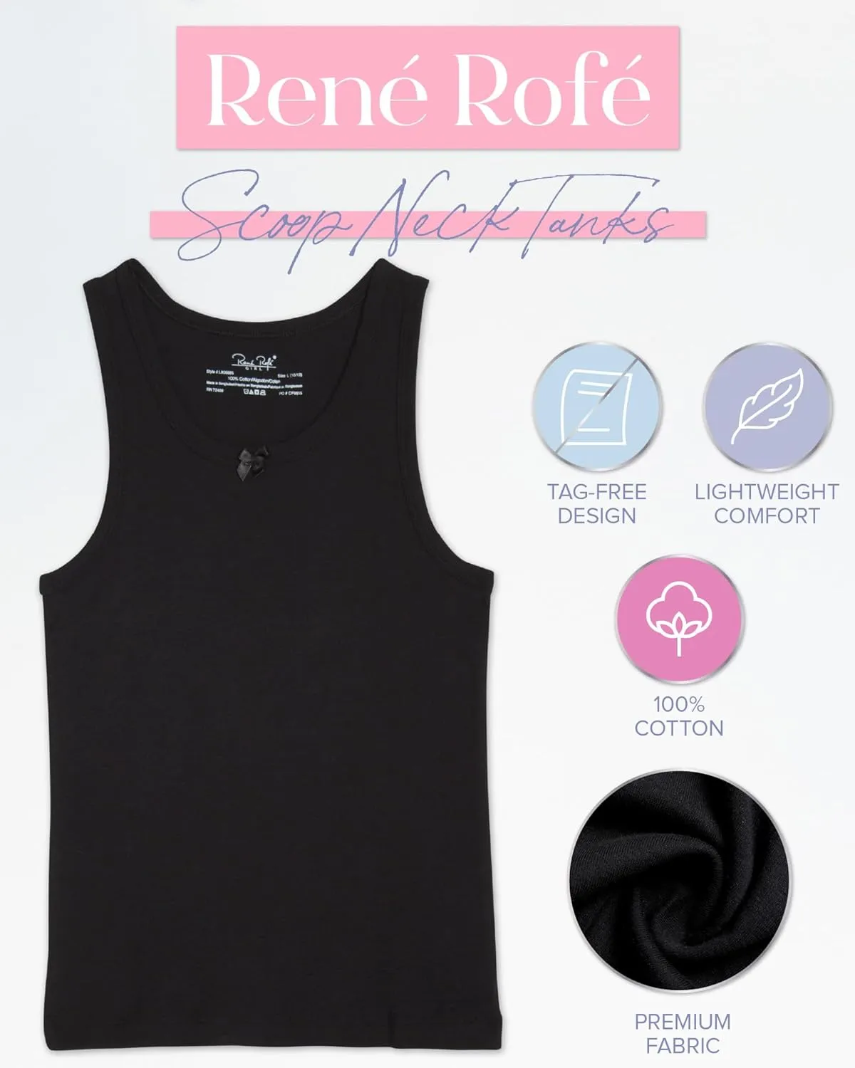 Rene Rofe Girls Tank Tops - 6 Pack 100% Cotton Scoop Neck Tank Tops for Girls - Classic Sleeveless Undershirts (Sizes: 2T-14)