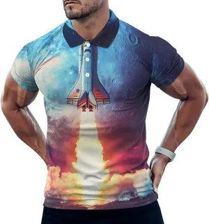 Rocket Launch Slim Fit Men's Short Sleeve Polo Shirts Quick-Dry Breathable Golf T-Shirt Tops