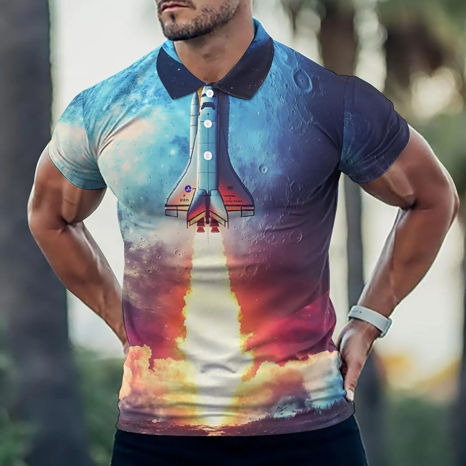 Rocket Launch Slim Fit Men's Short Sleeve Polo Shirts Quick-Dry Breathable Golf T-Shirt Tops