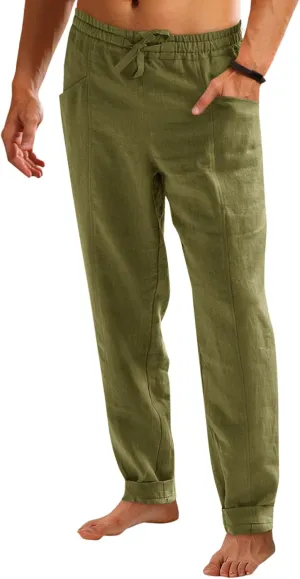 Runcati Mens Casual Pants Elastic Waist Drawstring Cotton Linen Pants Yoga Beach Summer Lightweight Trousers