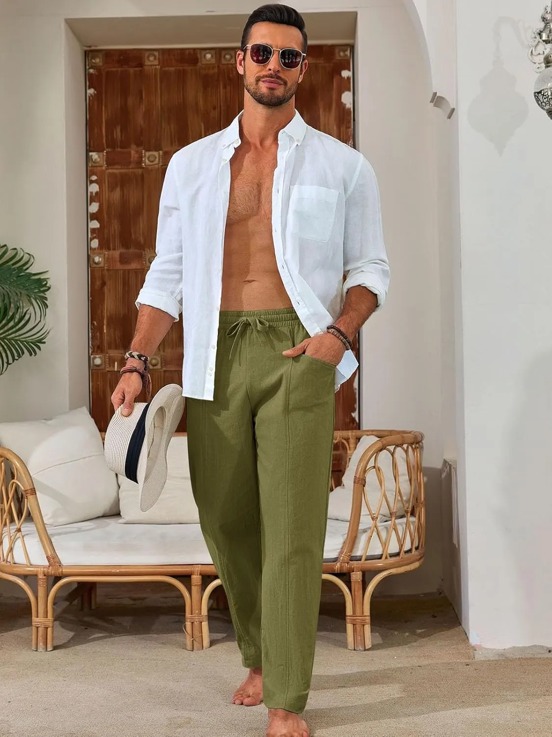 Runcati Mens Casual Pants Elastic Waist Drawstring Cotton Linen Pants Yoga Beach Summer Lightweight Trousers
