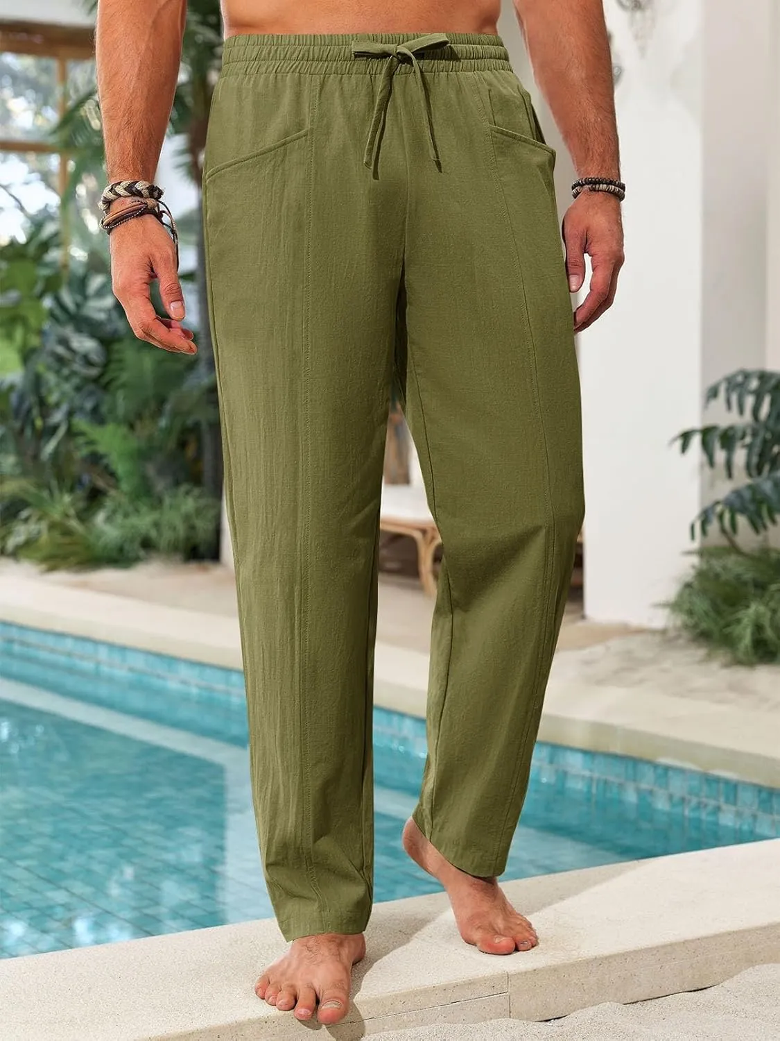 Runcati Mens Casual Pants Elastic Waist Drawstring Cotton Linen Pants Yoga Beach Summer Lightweight Trousers