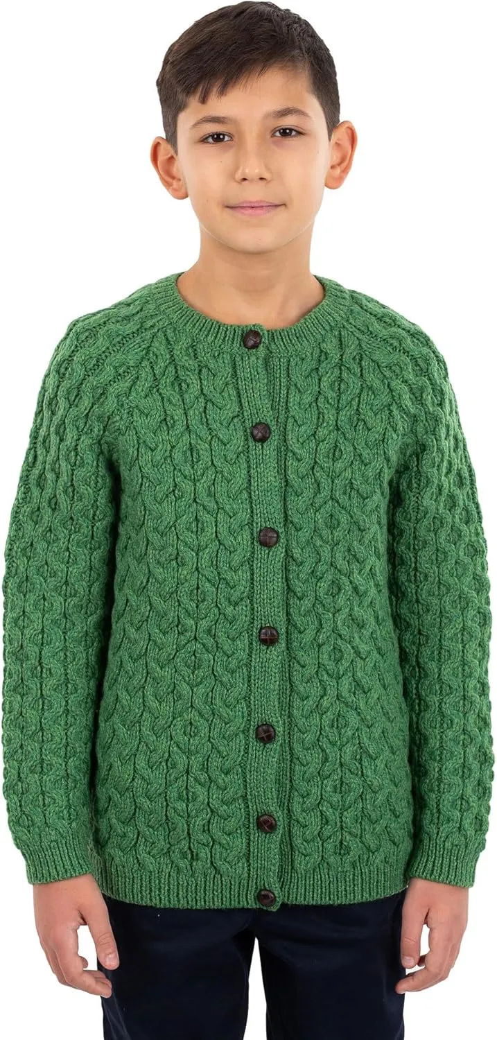 SAOL Aran Cardigan for Kids: 100% Merino Wool, Crew Neck, and Button Front - Made in Ireland