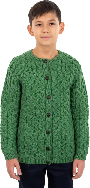 SAOL Aran Cardigan for Kids: 100% Merino Wool, Crew Neck, and Button Front - Made in Ireland