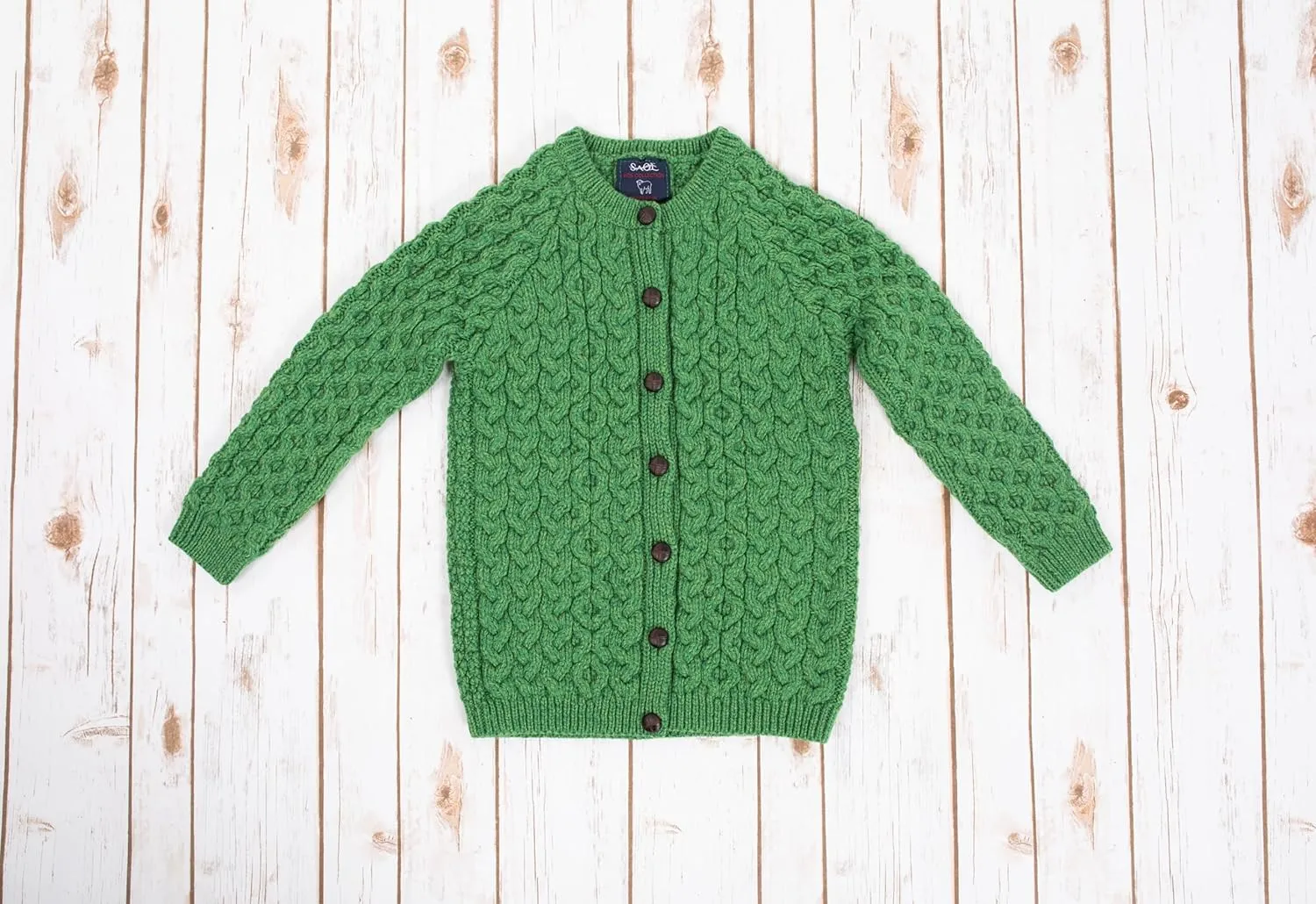 SAOL Aran Cardigan for Kids: 100% Merino Wool, Crew Neck, and Button Front - Made in Ireland