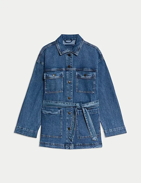 SCOFEEL Women's Denim Jacket Long Sleeve Button Down Loose Fit Jean Coat with Pockets & Detachable Belt