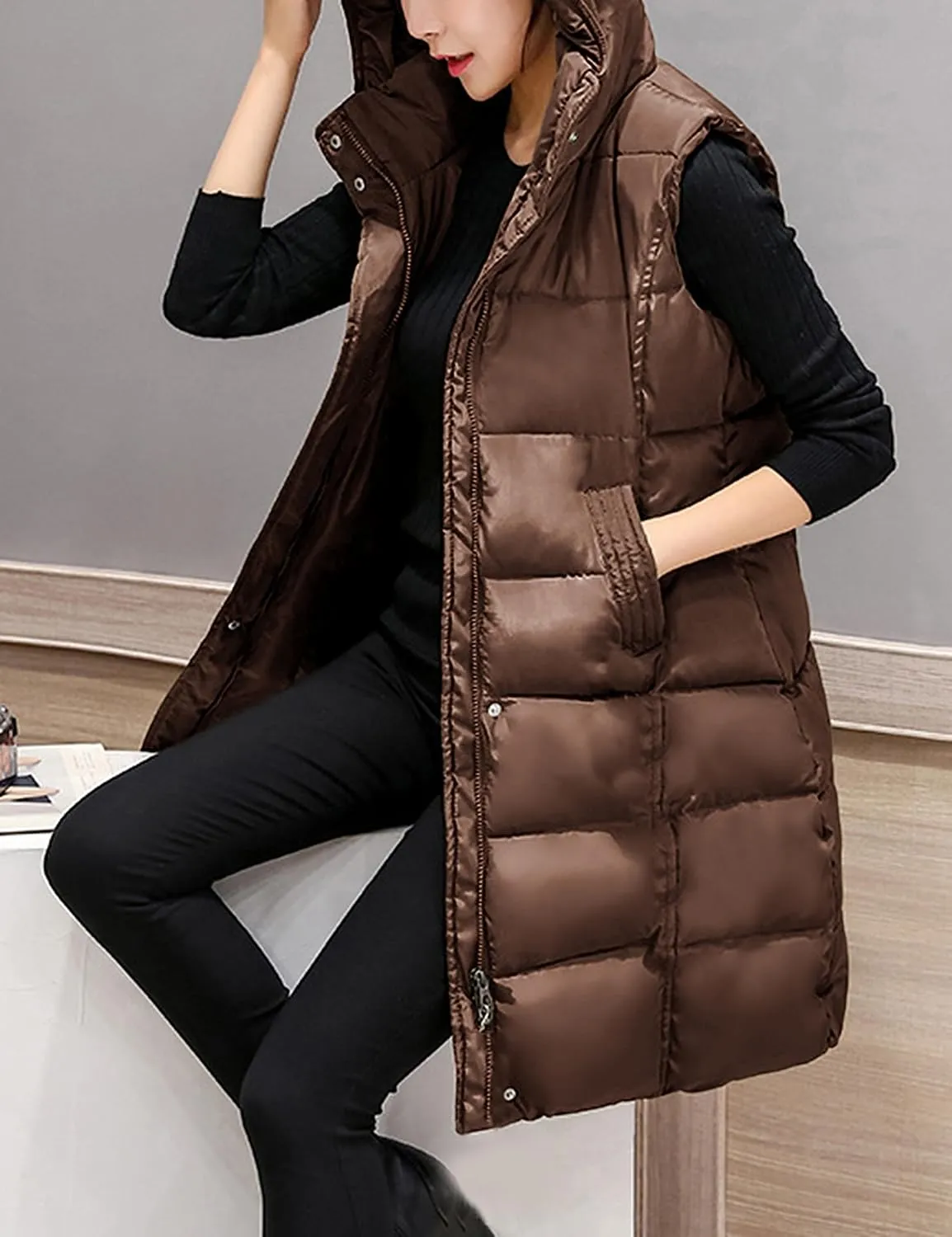 SCUSTY Womens Long Puffer Vest Sleeveless Coats Quilted Vests Outerwear Jackets with Hood