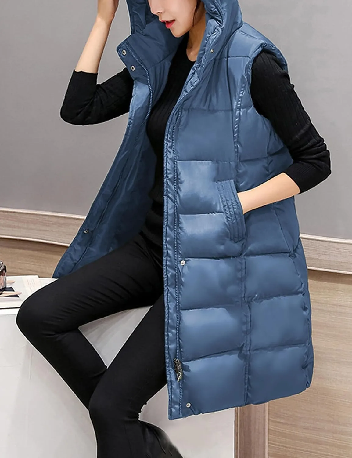 SCUSTY Womens Long Puffer Vest Sleeveless Coats Quilted Vests Outerwear Jackets with Hood