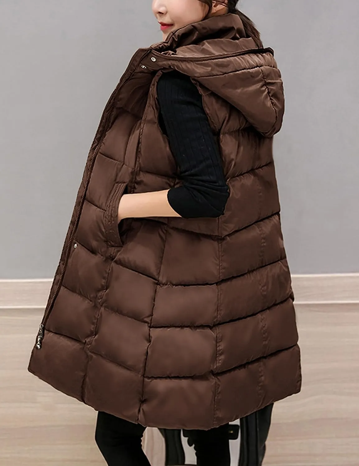 SCUSTY Womens Long Puffer Vest Sleeveless Coats Quilted Vests Outerwear Jackets with Hood