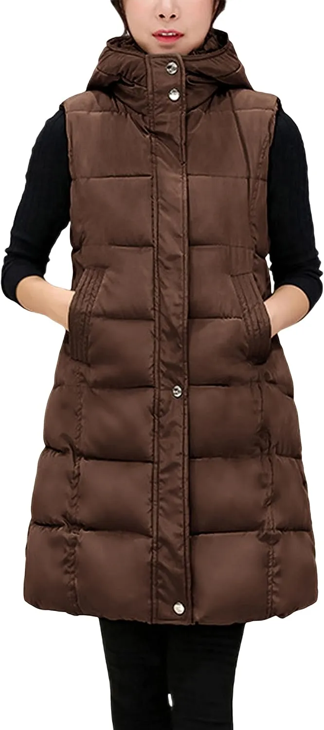 SCUSTY Womens Long Puffer Vest Sleeveless Coats Quilted Vests Outerwear Jackets with Hood