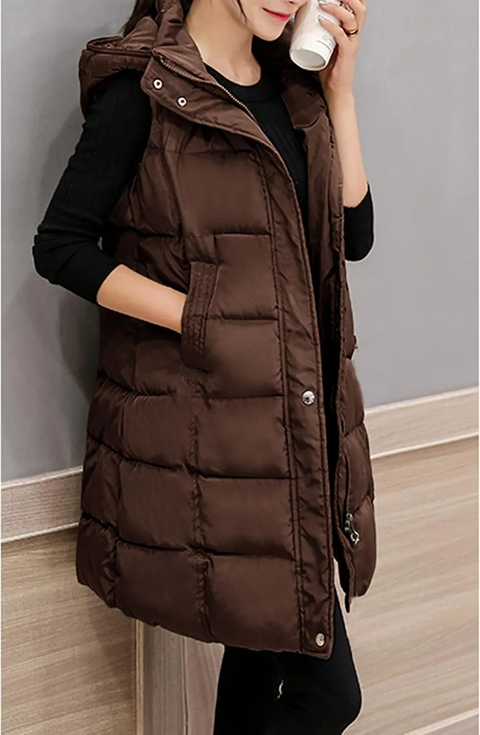 SCUSTY Womens Long Puffer Vest Sleeveless Coats Quilted Vests Outerwear Jackets with Hood