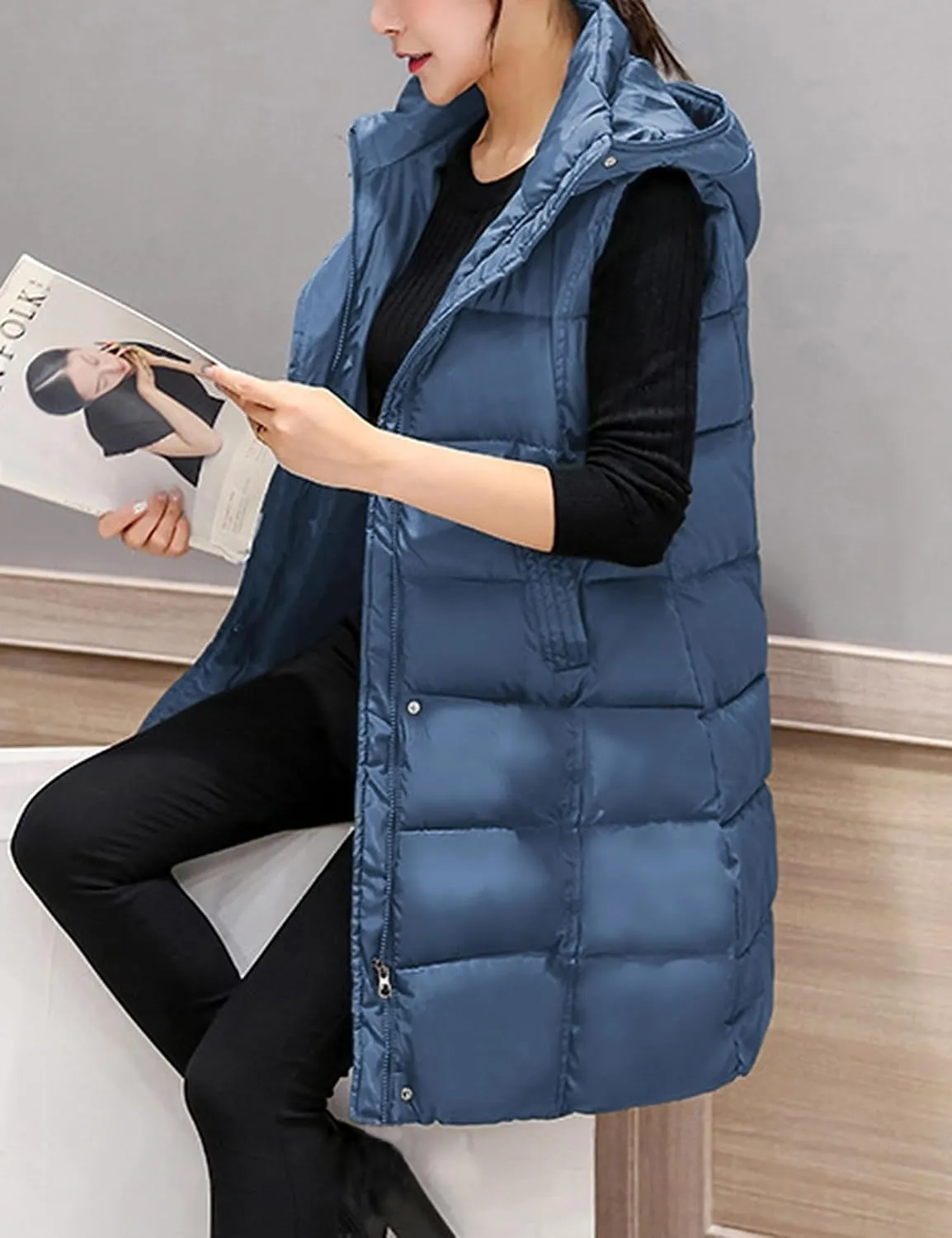 SCUSTY Womens Long Puffer Vest Sleeveless Coats Quilted Vests Outerwear Jackets with Hood