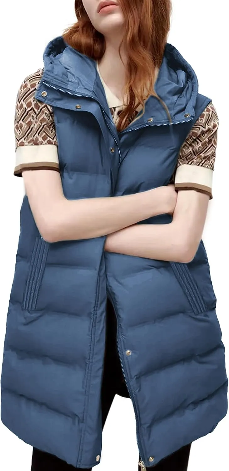 SCUSTY Womens Long Puffer Vest Sleeveless Coats Quilted Vests Outerwear Jackets with Hood