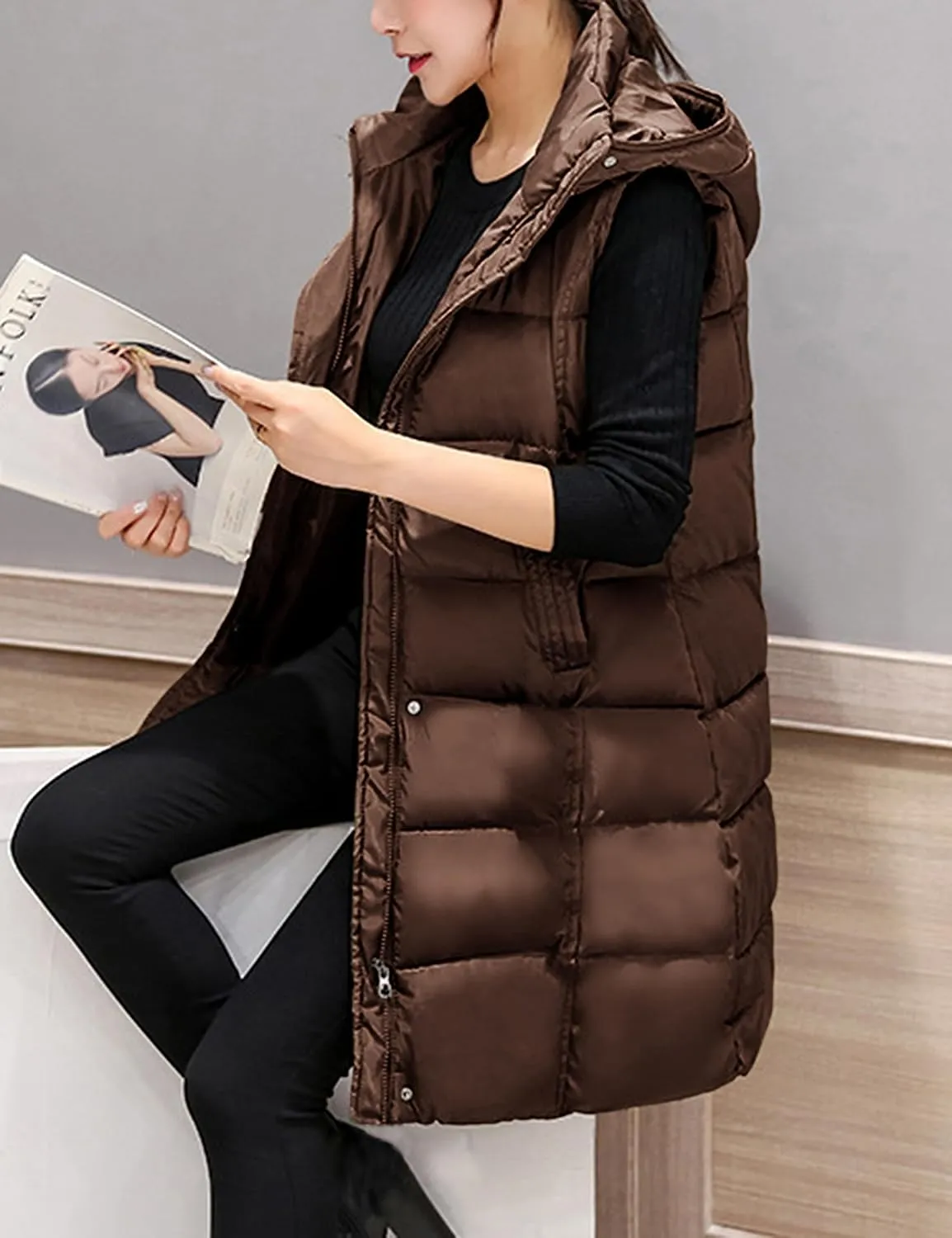 SCUSTY Womens Long Puffer Vest Sleeveless Coats Quilted Vests Outerwear Jackets with Hood