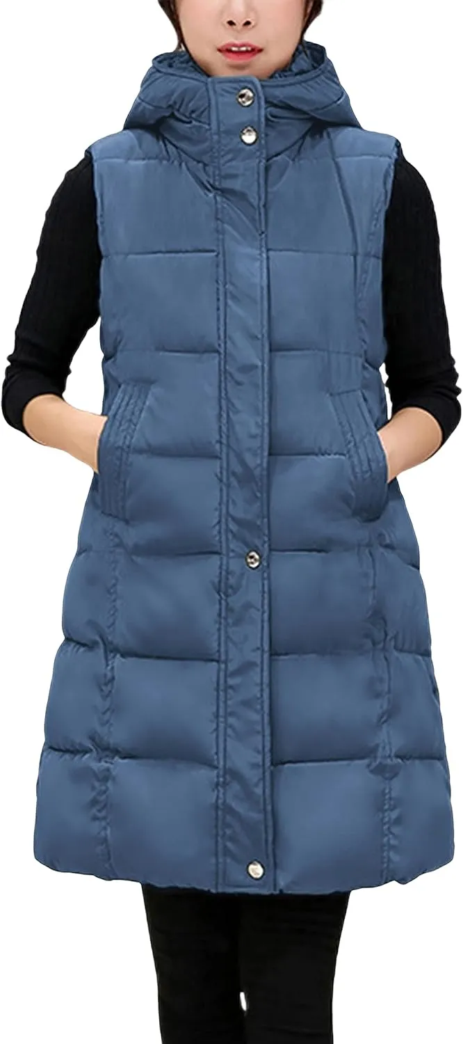 SCUSTY Womens Long Puffer Vest Sleeveless Coats Quilted Vests Outerwear Jackets with Hood