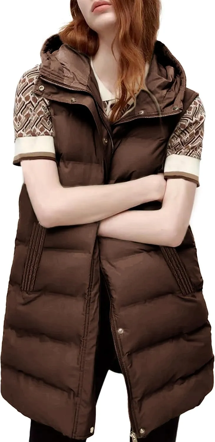 SCUSTY Womens Long Puffer Vest Sleeveless Coats Quilted Vests Outerwear Jackets with Hood