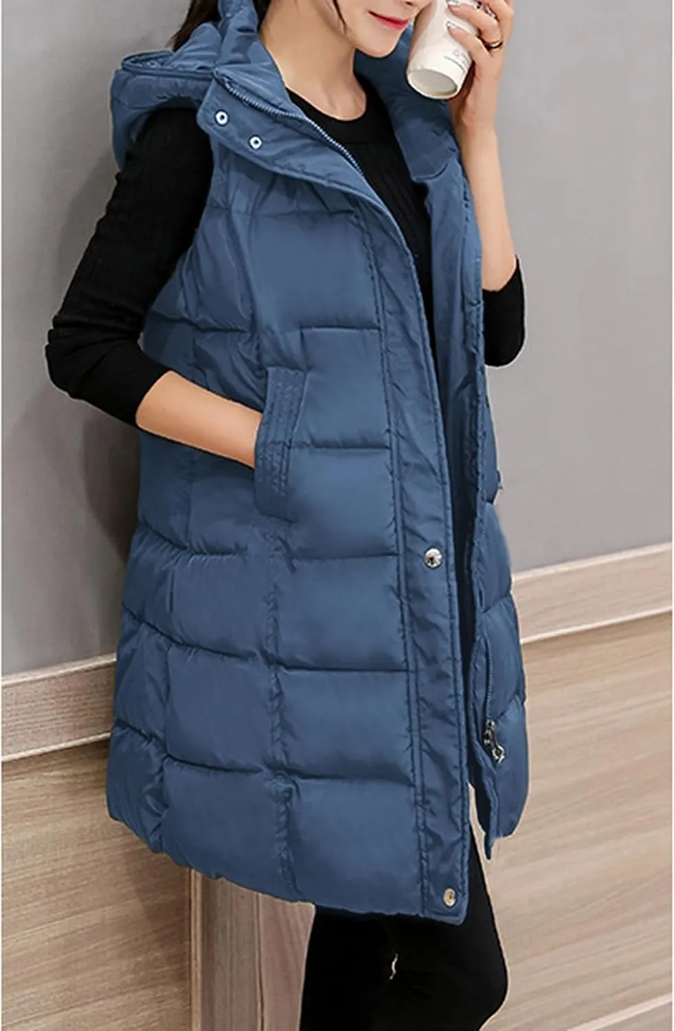 SCUSTY Womens Long Puffer Vest Sleeveless Coats Quilted Vests Outerwear Jackets with Hood