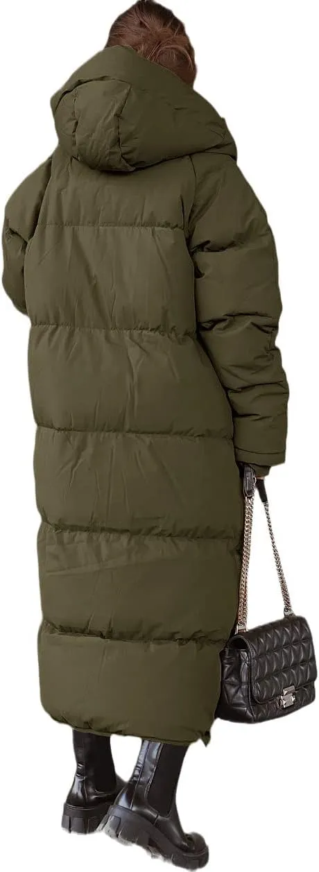 Shanfetl Women Long Quilted Coat Hooded Maxi Length Long Sleeve Puffer Jacket Padded Coat Winter Outerwear