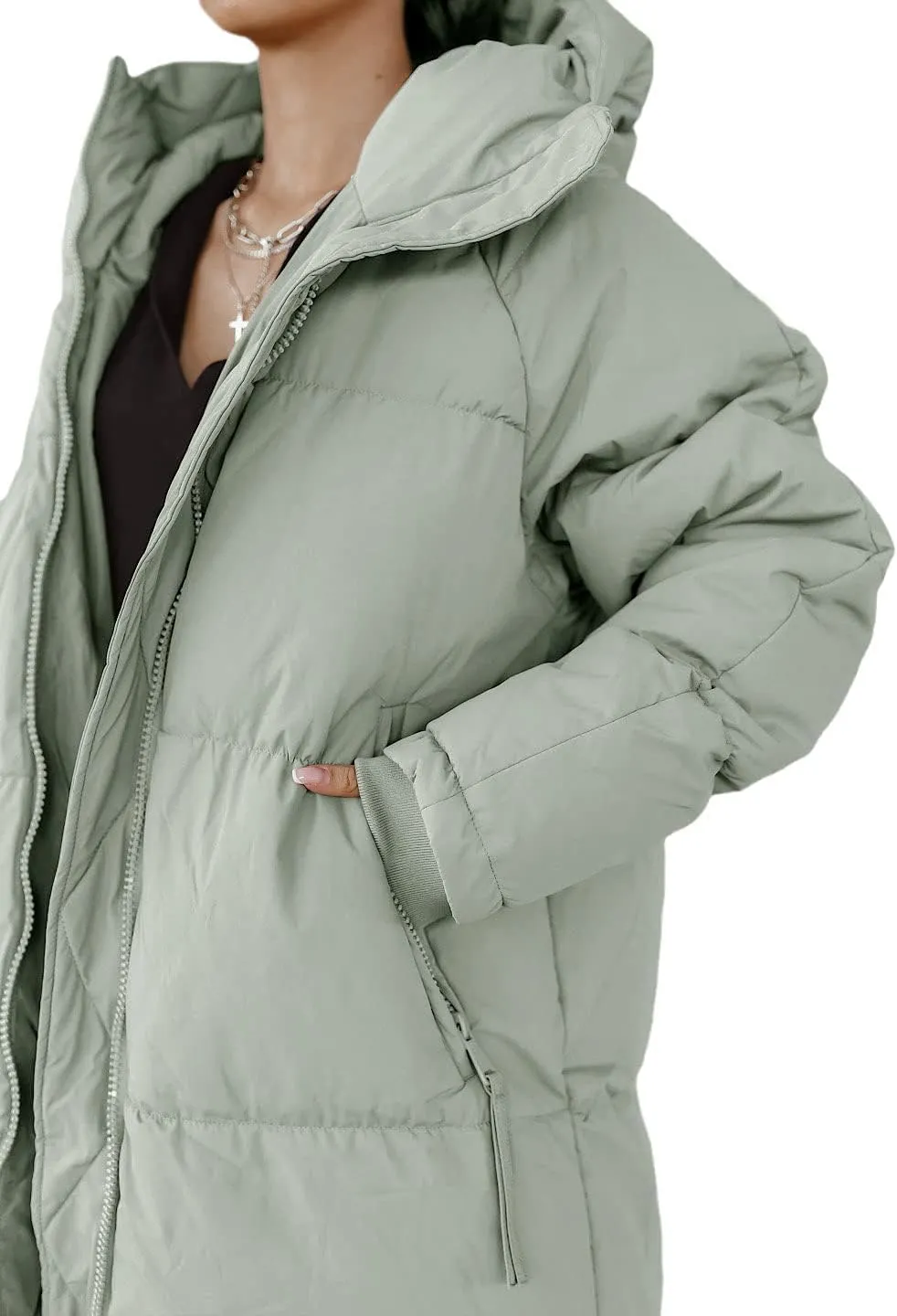 Shanfetl Women Long Quilted Coat Hooded Maxi Length Long Sleeve Puffer Jacket Padded Coat Winter Outerwear